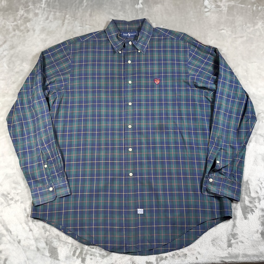 Vintage Polo Ralph Lauren Shirt Men XL Plaid Black Watch Tartan Button Up Shield